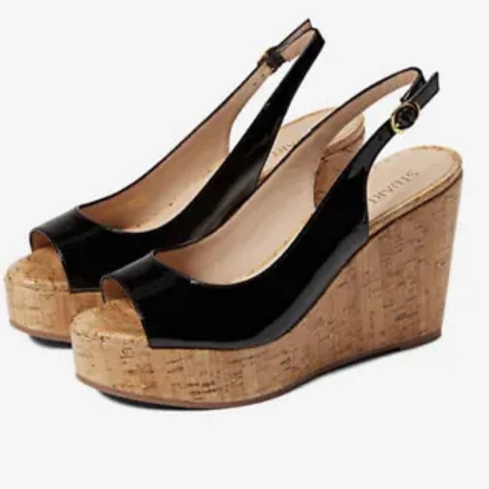 STUART WEITZMAN RIVIERA RIVERIA BLACK PATENT CORK PEEP TOE SLINGBACK WEDGE 7 NEW
